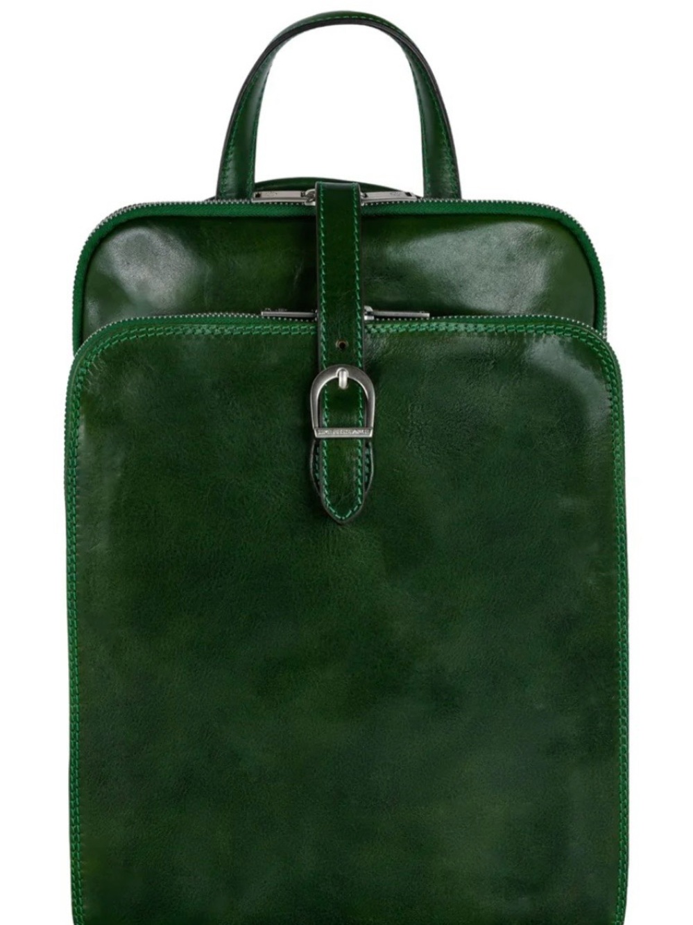 Sleek Forest Green Leather Backpack with Silver Buckle